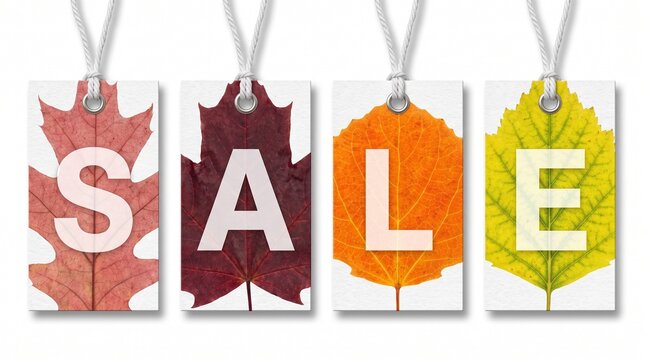 Four hanging paper tags with autumn leaves and the letters spelling sale against a white background with retail