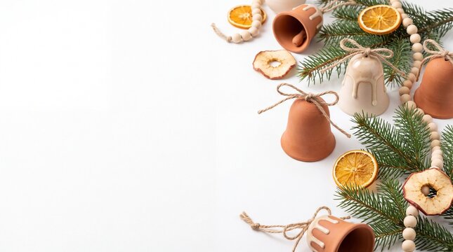 Festive Christmas Banner with Warm Terracotta Holiday Bell Ornaments Isolated on White Background