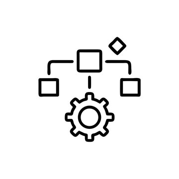 Centralized system organization icon with gear and structural nodes.