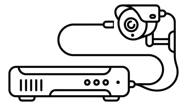 Security surveillance camera system with dvr recorder unit, professional video monitoring equipment for home or business safety, outline icon style vector illustration