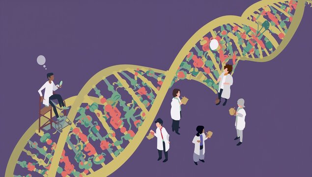 Scientists and Researchers Exploring Genetic DNA Double Helix Illustration