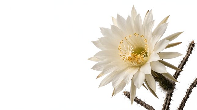 Beautiful night blooming cereus cactus flower isolated on white background with ample copy space