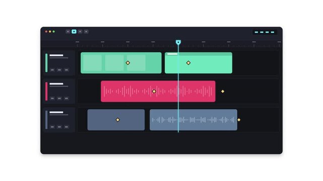 Video editing software timeline interface with audio waveforms and clips