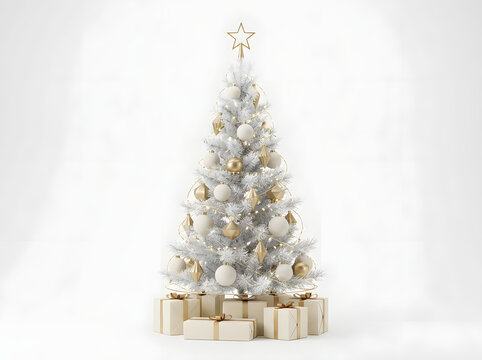 A beautiful white christmas tree with festive christmas decorations and christmas gifts for a winter holiday celebration and evergreen tree display