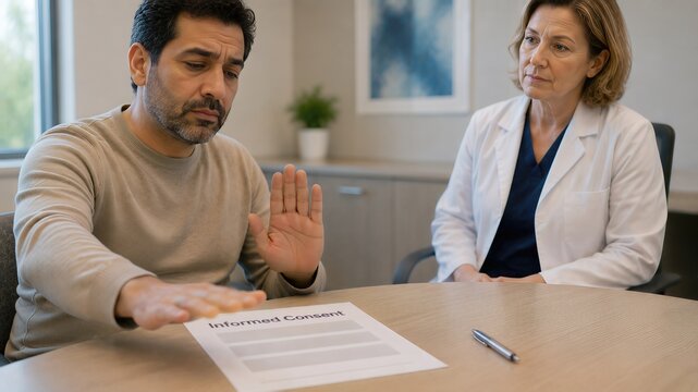 Shared Decision-Making in Healthcare: patient pauses informed consent while discussing a medical decision with his doctor