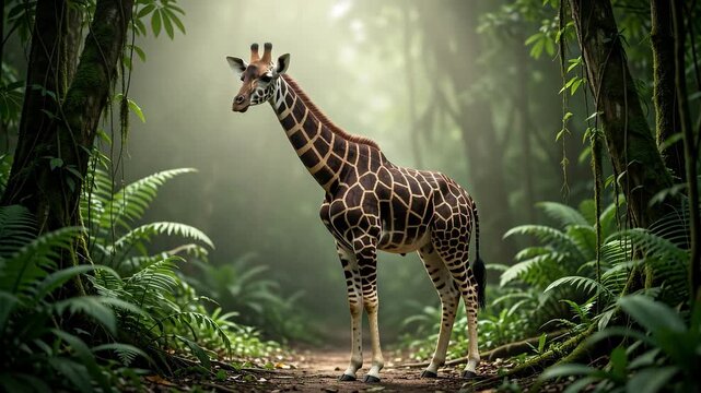 Giraffe Standing In Misty Jungle Clearing.