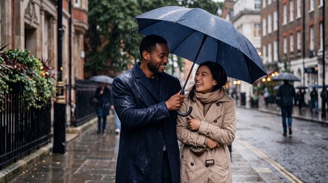 Couple Sharing Umbrella in Heavy Rain on City Street