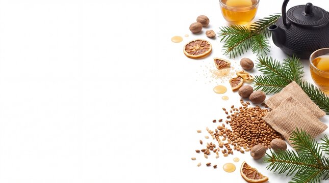 Christmas Background Banner with Cluster of Roasted Barley and Isolated on White Background