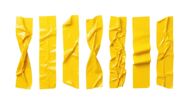 Set of seven strips of yellow adhesive tape isolated on transparent background