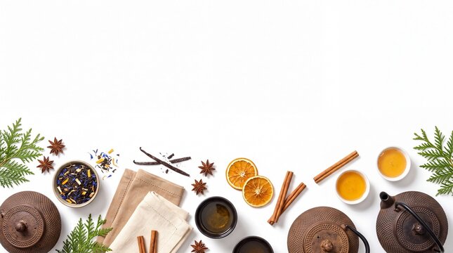 Christmas Background Banner with Loose Leaf Earl Grey Tea Isolated on White Background