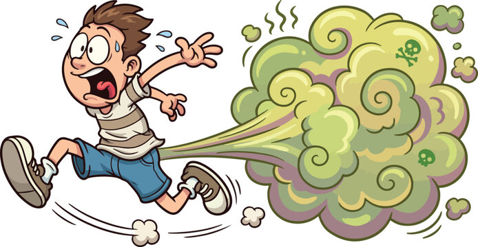 Funny fart comic illustration of a young boy running away from a large stinky toxic green cloud of flatulence