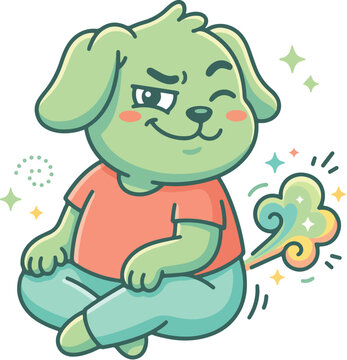 Funny fart dog cartoon character sitting and winking with a colorful cloud emitting