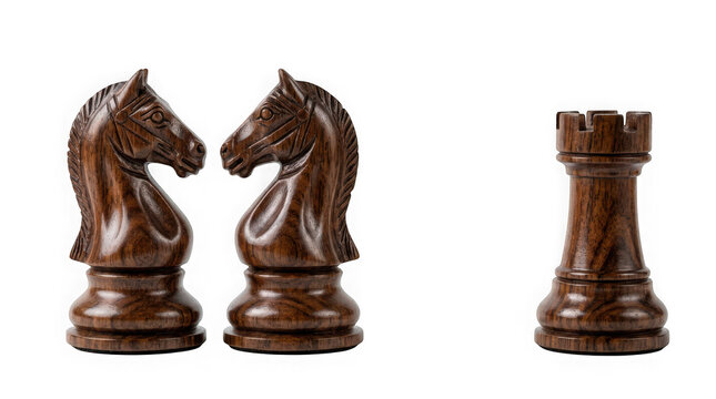 Two wooden knight chess pieces facing each other and a rook isolated on transparent background