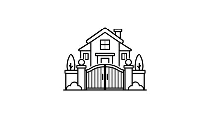Fototapeta premium Outline house with fence and gates vector icon, private property.