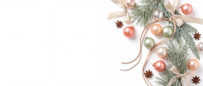 Christmas Background Banner with Cluster of Miniature Pastel Glass Isolated on White Background