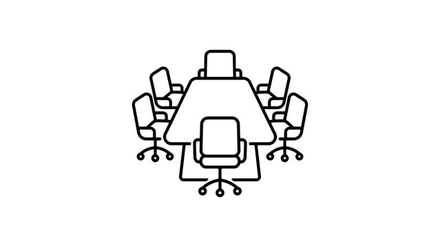 Corporate boardroom meeting table with office chairs outline vector icon.