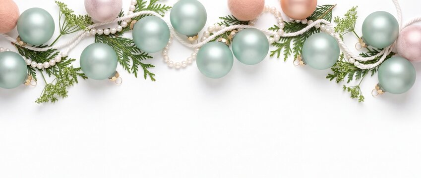Christmas Banner with Soft Seafoam Green Matte Glass Baubles Isolated on White Background