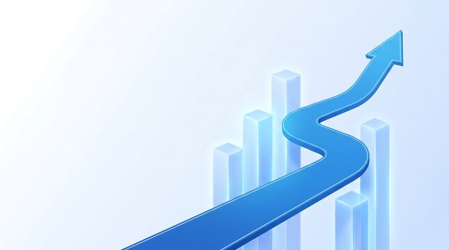 A blue arrow showing upward growth trend over semi-transparent 3D bar chart pillars on a light background