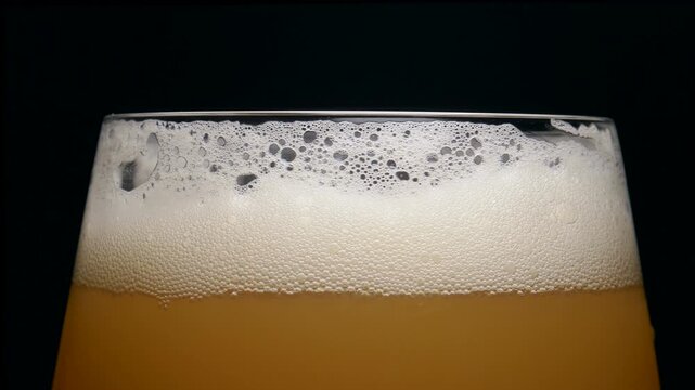 A glass of fresh India pale ale craft IPA beer, isolated and rotating against a black background. Top of glass with foam, soft bright lighting.