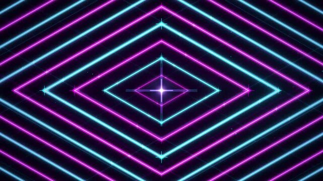 Geometric abstract design featuring vibrant neon purple and cyan lines forming diamond shapes