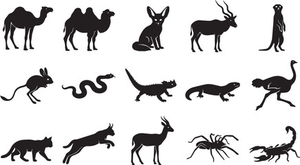 Fototapeta premium Set of black silhouettes of sahara desert animals, including camels, fennec fox, ostrich, scorpion, snake, lizard, and various antelopes