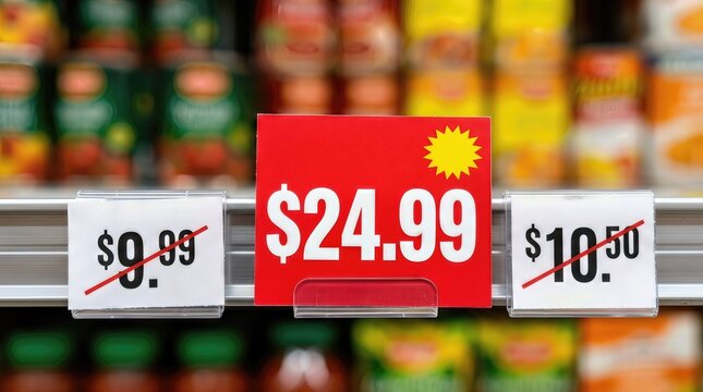 Price tags displaying increased food prices in a grocery store aisle, with a prominent red sign showing $24.99 alongside crossed-out lower prices of $0.99 and $10.50