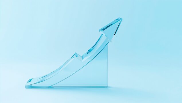 Transparent Glass Arrow Rising on Bar Graph for Business Growth and Success Visualization