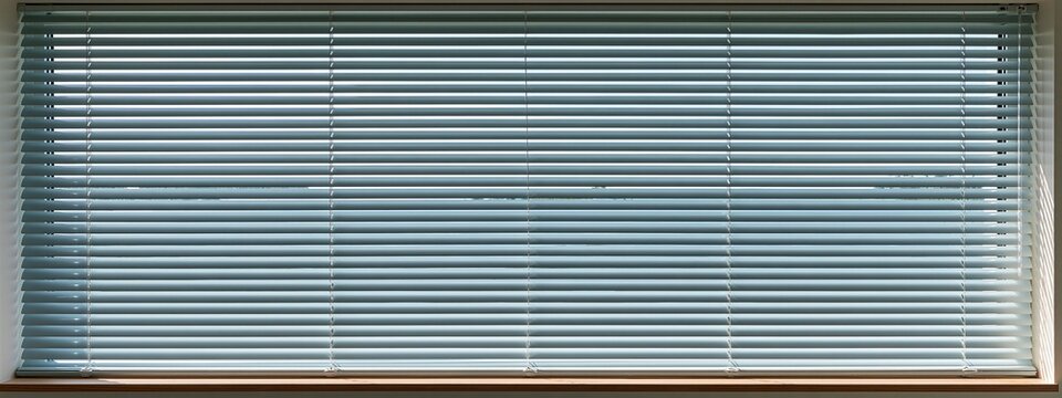 Modern office window blinds closed shut with warm sunlight filter effect