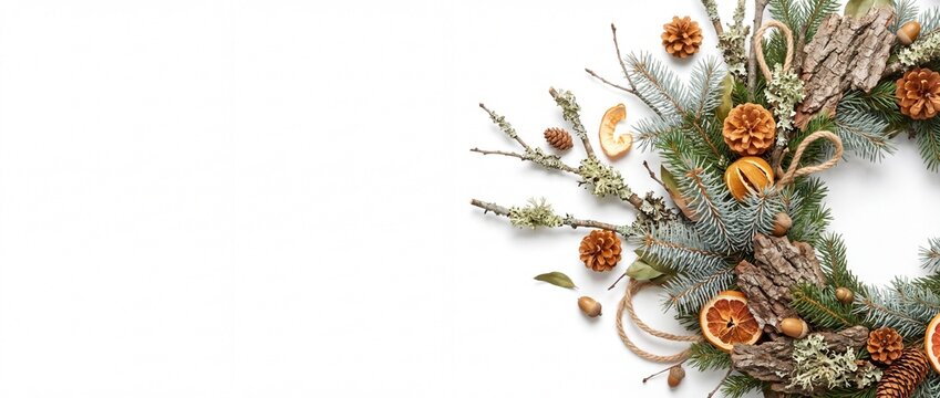 Festive Holiday Banner with Natural Foraged Forest Garland Combining Isolated on White Background