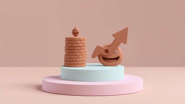 Playful Cartoon Coffee Bean Character with Happy Face and Upward Arrow in Minimalist Scene