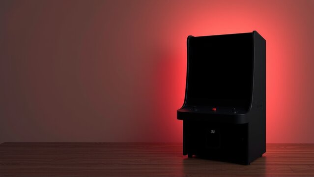 Dark room features arcade cabinet. Red light illuminates wall behind machine, creating dramatic effect. Wooden floor provides base.