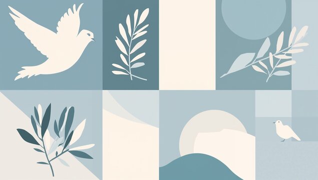 Modern Minimalist Geometric Illustration of Birds and Nature in Soft Blue Tones