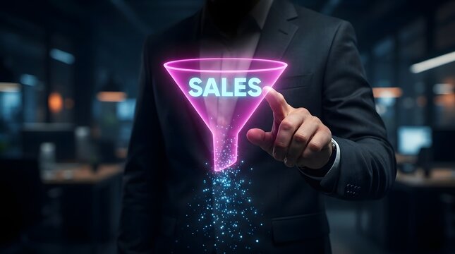 Person in a dark suit touching a glowing pink neon sales funnel digital interface with blue light particles in a blurred office setting