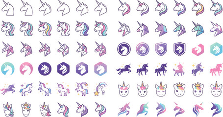 Obraz premium Cute Unicorn Logo and Icon Vector Set with Pastel Gradient Geometric Badges and Fantasy Avatar Symbols for Branding Game Design and App UI