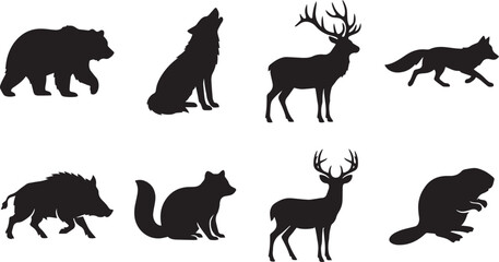 Fototapeta premium Set of eight black silhouettes of forest animals including a bear, howling wolf, stag, fox, wild boar, raccoon, deer, and a beaver