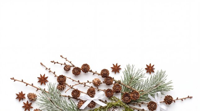 Christmas Background Banner with Cluster of Bare Larch Tree Isolated on White Background