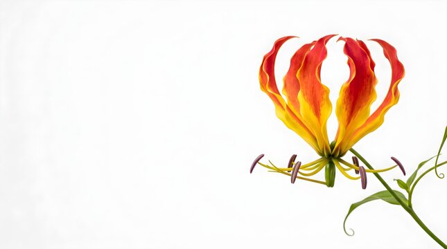 Vibrant Flame Lily Gloriosa Superba Bloom Isolated on White Background Minimal Floral Close-up