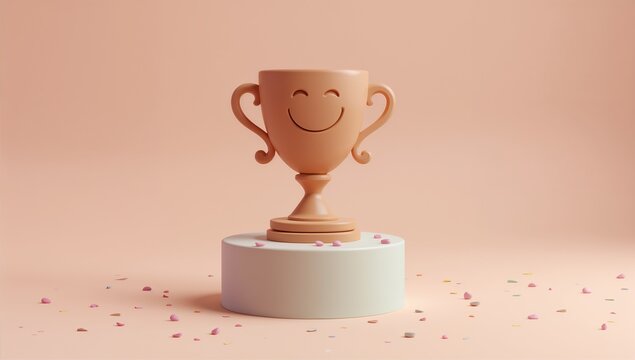 Cheerful Happy Cup Trophy with Smile Face on a Sturdy White Pedestal