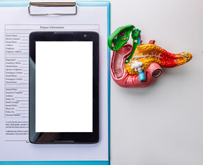Pancreas anatomical model with digital tablet for gastroenterology consultation. Blank screen for medical application or healthcare presentation © Peakstock
