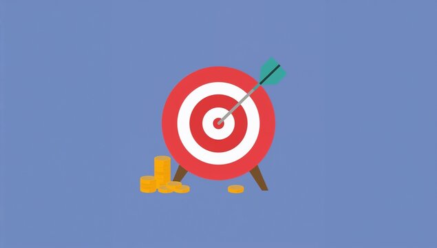 Modern Dartboard with Arrow and Coins on Blue Background for Game and Competition Concept