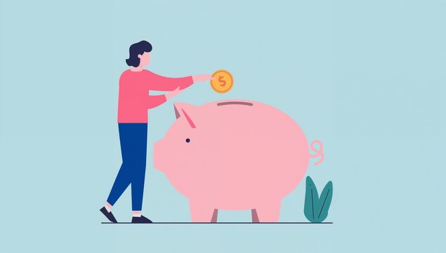 Person depositing coin into large pink piggy bank with plant on right side