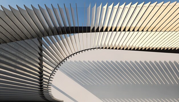 Modern architectural facade with parametric metal louvers, abstract geometric building exterior, contemporary sunshade design with rhythmic shadows