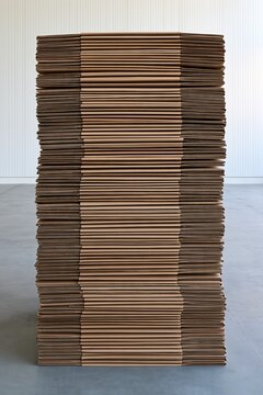 A tall stack of flat brown cardboard boxes inside a bright warehouse space
