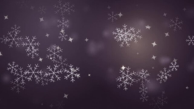 Scattered delicate white snowflakes and sparkling star shapes falling gently on a softfocus dark background