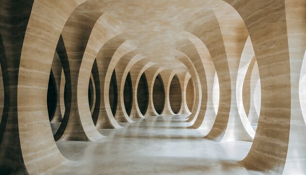 Futuristic wooden archway corridor, organic parametric architecture interior, modern curved wood structure with soft lighting