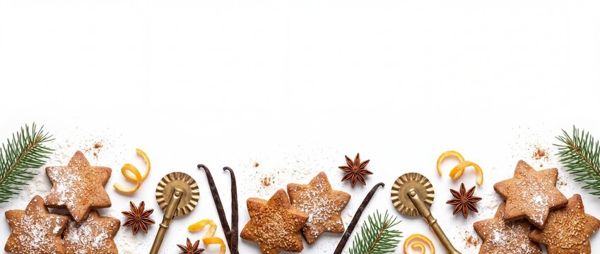 Holiday Christmas Banner with Spiced Speculoos Star Cookies Caramelized Isolated on White Background