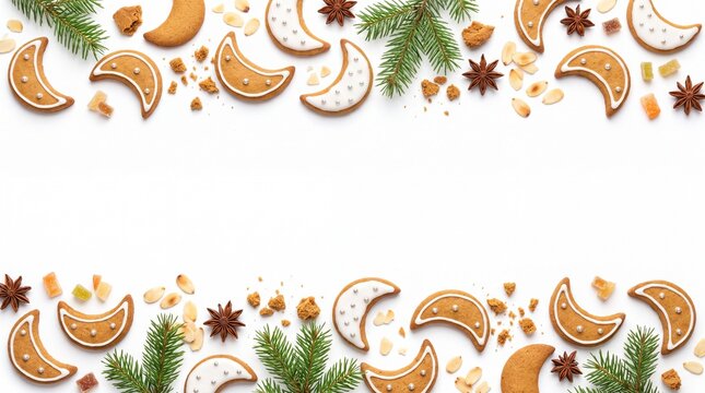 Christmas Background Banner with Gingerbread Crescent Moon Cookies Silver Isolated on White Background