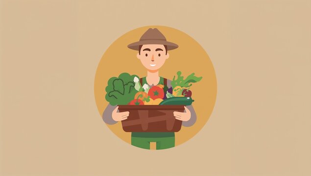 Colorful Vegetable Farmer Holding Fresh Produce in a Basket with Sun Hat