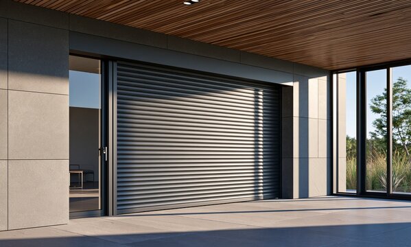 Modern exterior garage door with metallic shutter on contemporary building