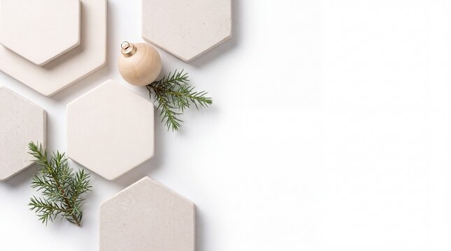 Christmas Background Banner with Geometric Travertine Hexagon Pedestal Crisp Isolated on White Background